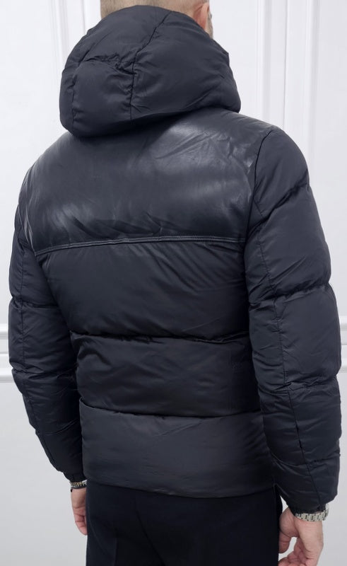 Giubbino uomo impermabile nero cappuccio estraibile collo in eco pelliccia s,m,l,xl,xxl