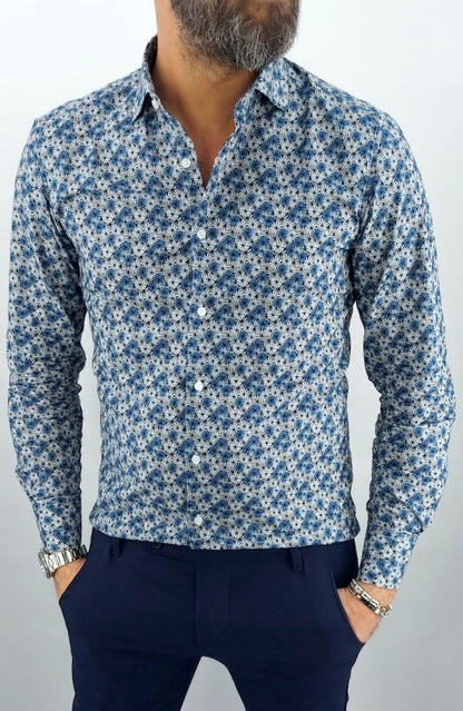 Camicia uomo Tessuto Elastico casual Collo Floreale fiori piccoli blu Manica lunga Slim