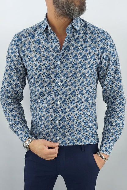 Camicia uomo Tessuto Elastico casual Collo Floreale fiori piccoli blu Manica lunga Slim