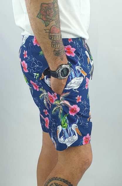 Costume Da Bagno Uomo Mare Floreale Bermuda Blu Boxer Pantaloncino Corto Cigno