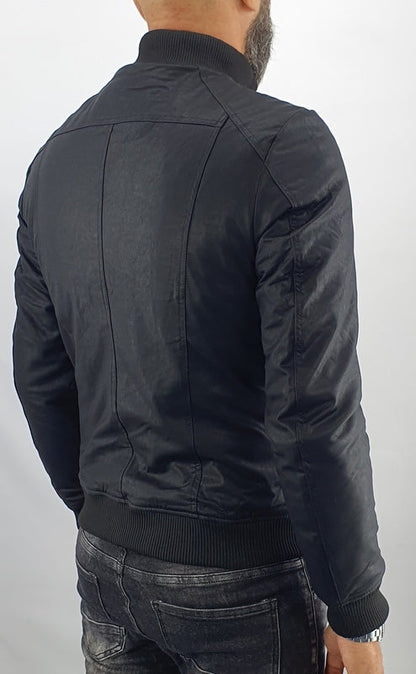 giubbino Uomo bomber collo alto ecopelle giacca corto nero slim corto tasche