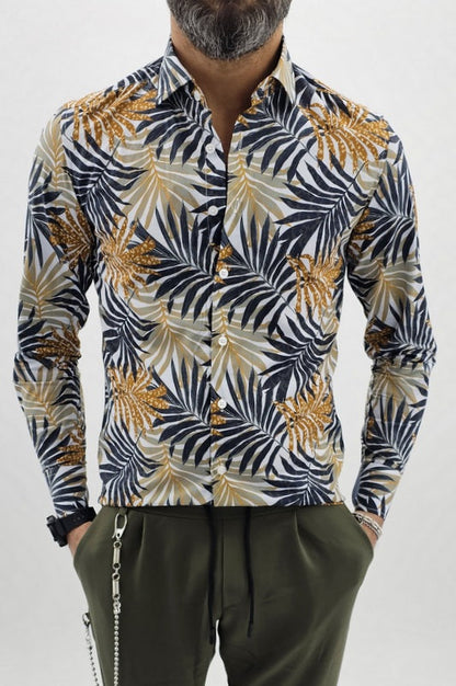Camicia uomo Tessuto Elastico Collo Floreale blu Manica lunga Foglie slim casual