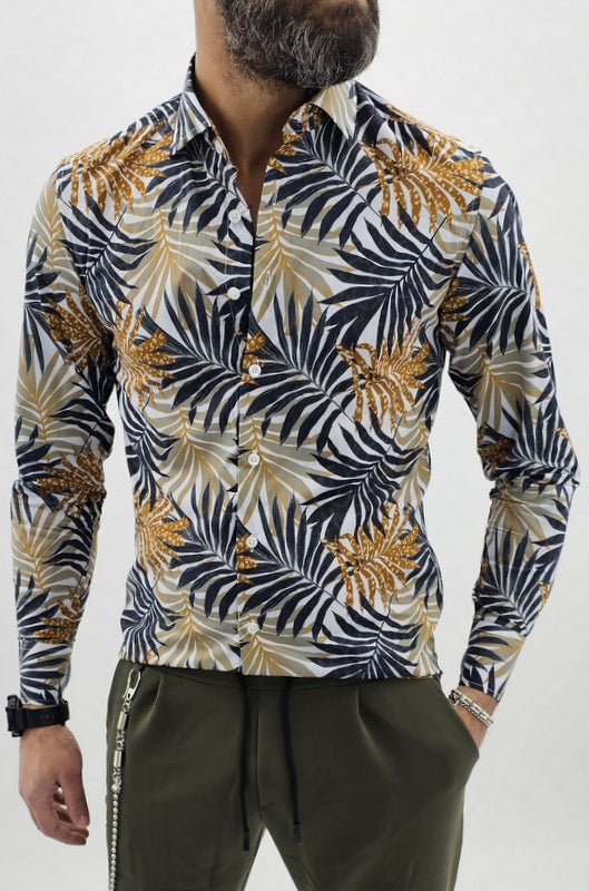 Camicia uomo Tessuto Elastico Collo Floreale blu Manica lunga Foglie slim casual