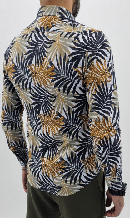 Camicia uomo Tessuto Elastico Collo Floreale blu Manica lunga Foglie slim casual