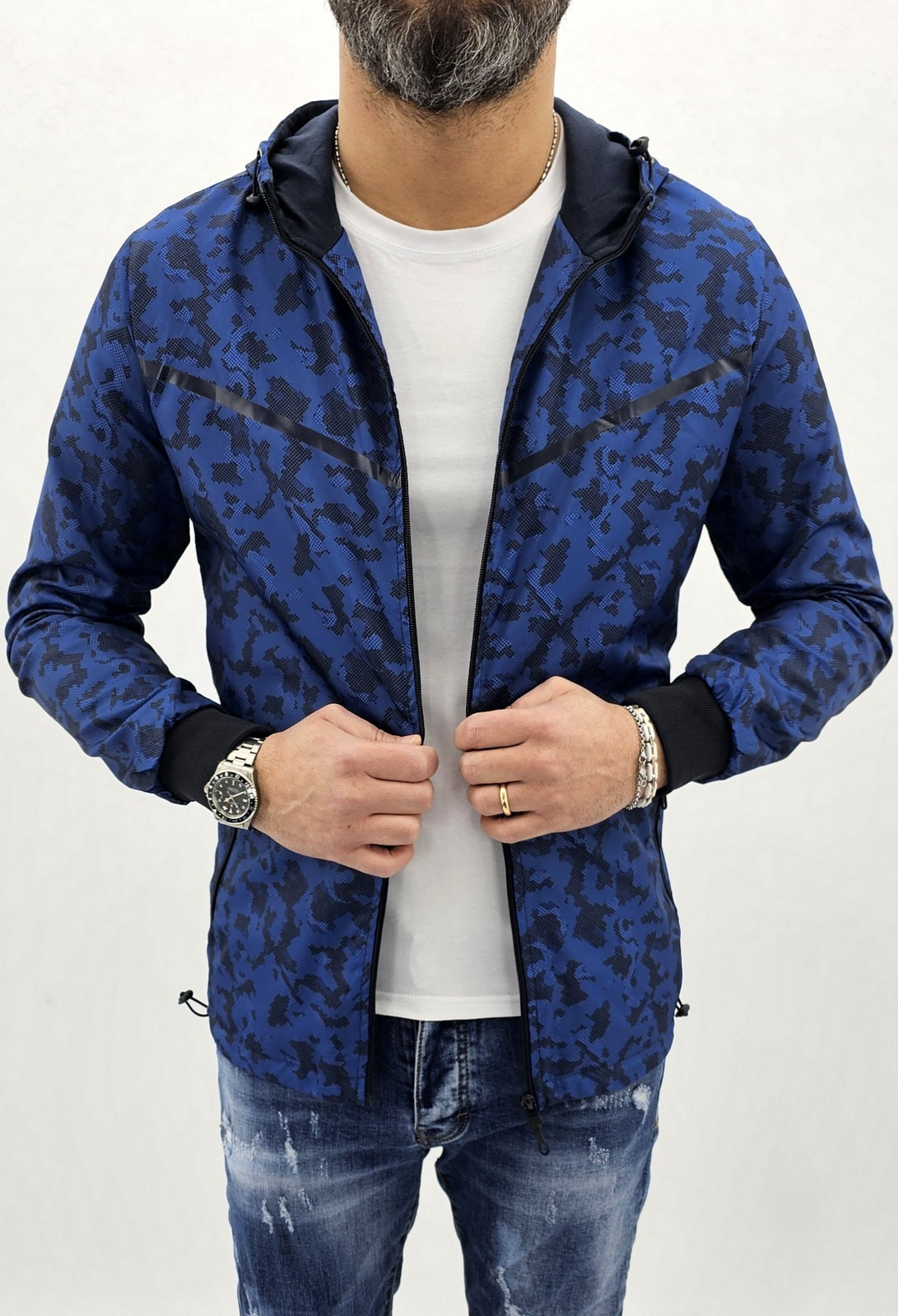 Parka cappuccio uomo giubbino impermeabile mimetico lungo giacca nero/blu