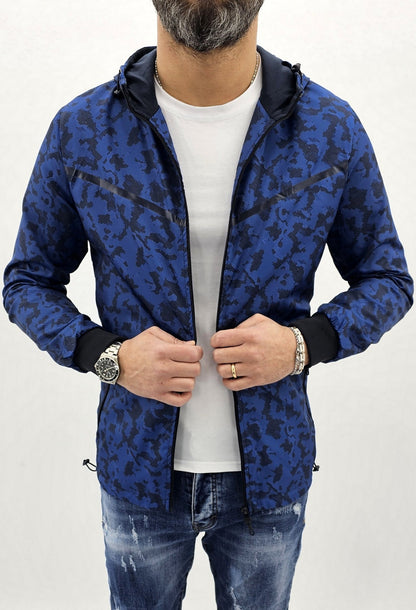 Parka cappuccio uomo giubbino impermeabile mimetico lungo giacca nero/blu