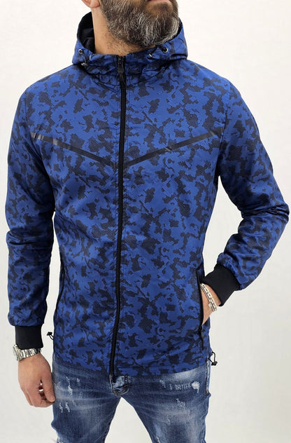 Parka cappuccio uomo giubbino impermeabile mimetico lungo giacca nero/blu