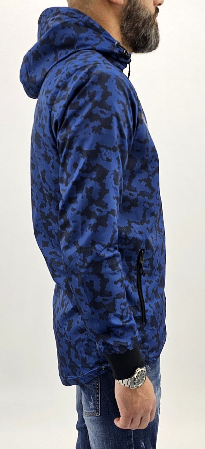 Parka cappuccio uomo giubbino impermeabile mimetico lungo giacca nero/blu