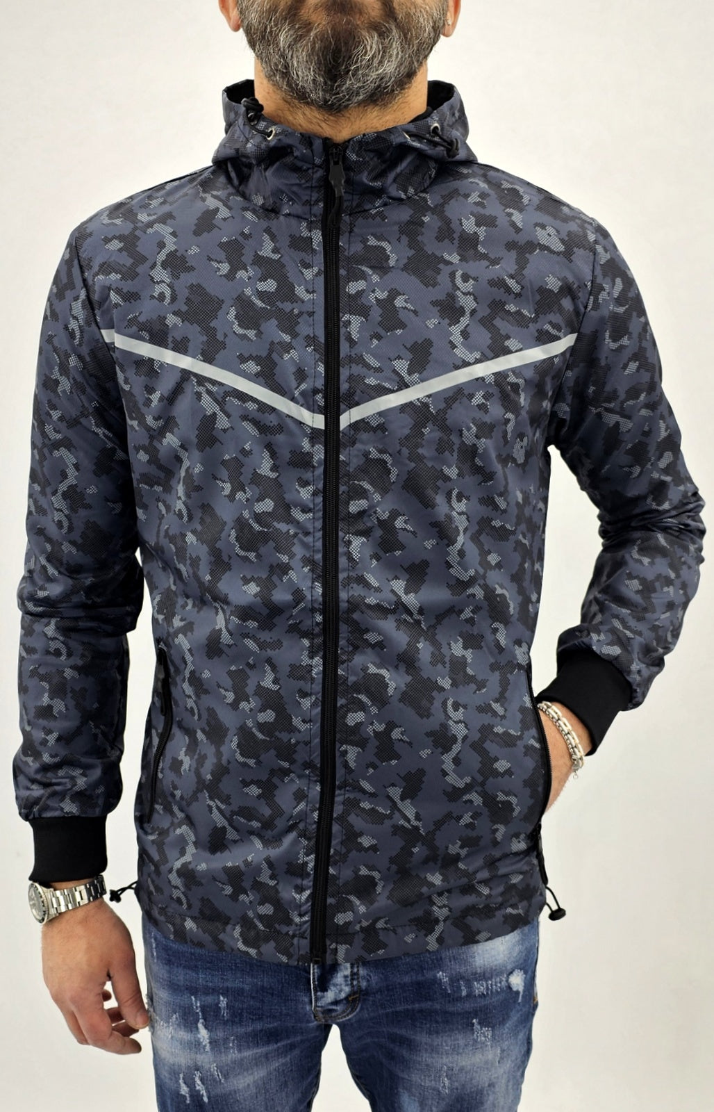 Parka cappuccio uomo giubbino impermeabile mimetico lungo giacca nero/blu