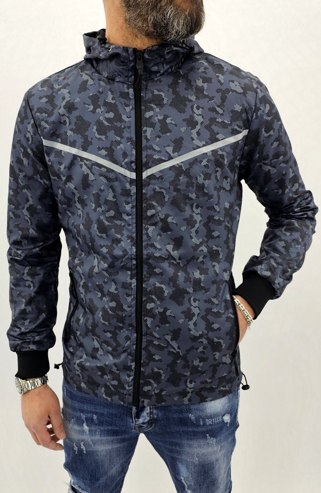 Parka cappuccio uomo giubbino impermeabile mimetico lungo giacca nero/blu