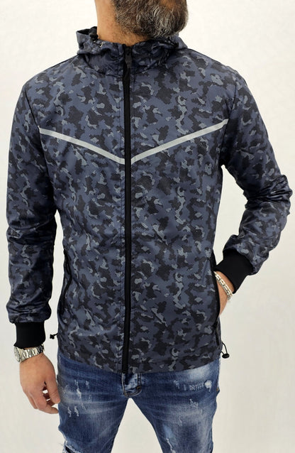 Parka cappuccio uomo giubbino impermeabile mimetico lungo giacca nero/blu
