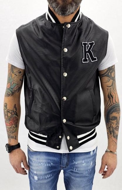 Smanicato gilet' Uomo college over size Foderato Eco pelle Nero Primaverile