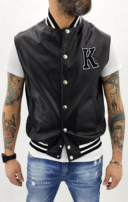 Smanicato gilet' Uomo college over size Foderato Eco pelle Nero Primaverile