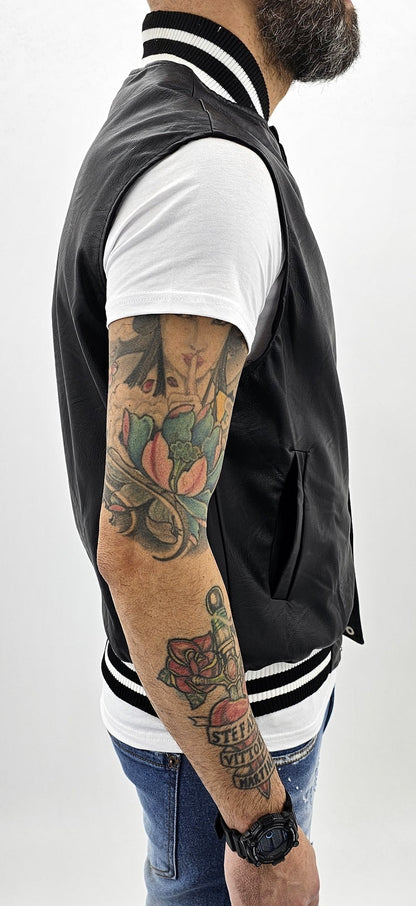 Smanicato gilet' Uomo college over size Foderato Eco pelle Nero Primaverile