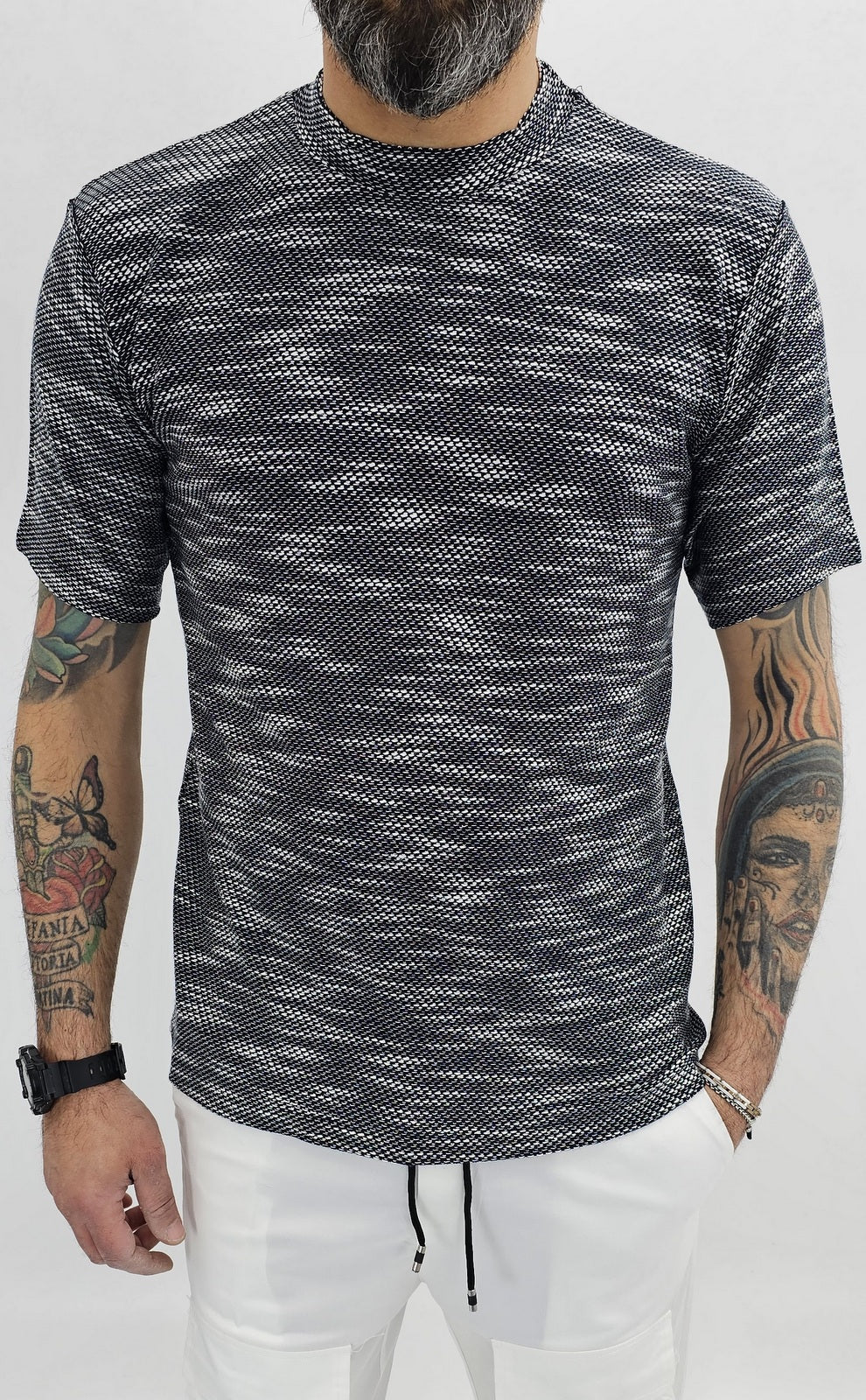 Maglia uomo cotone nido d'ape bianco/blu elastica t-shirt Coreana Manica corta