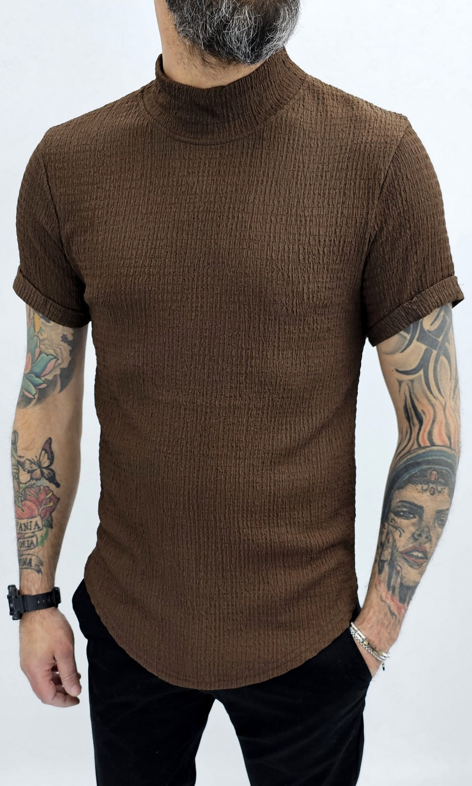 Maglia uomo mezzo collo alto Camicia elastica t-shirt  nero/marrone