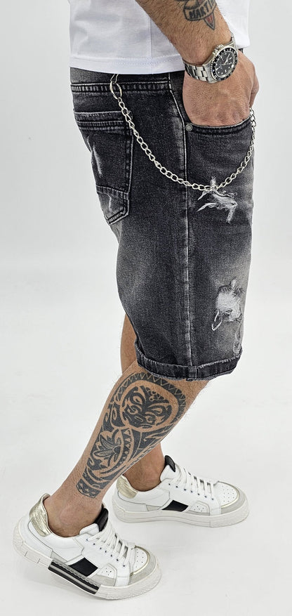 Bermuda Uomo Jeans nero sfumato Catena estraibile  strappi