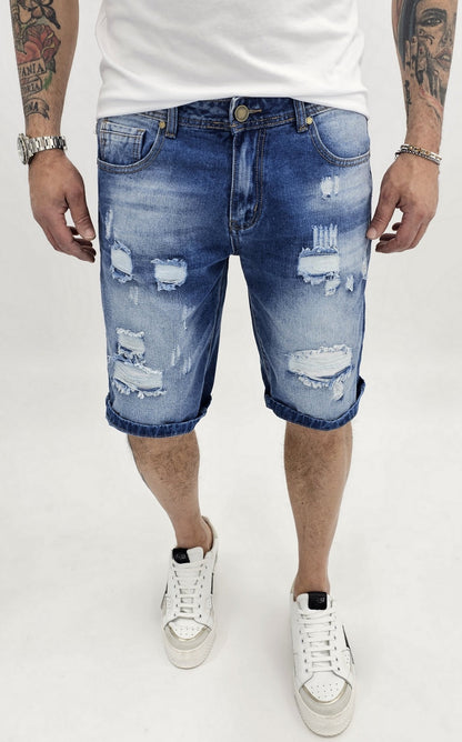 Pantaloncini Uomo Bermuda Jeans Catena strappi  Pantaloni Corti Cotone