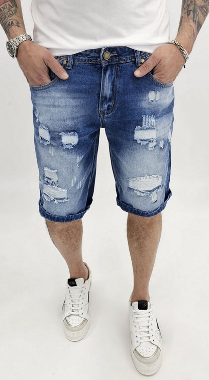 Pantaloncini Uomo Bermuda Jeans Catena strappi  Pantaloni Corti Cotone