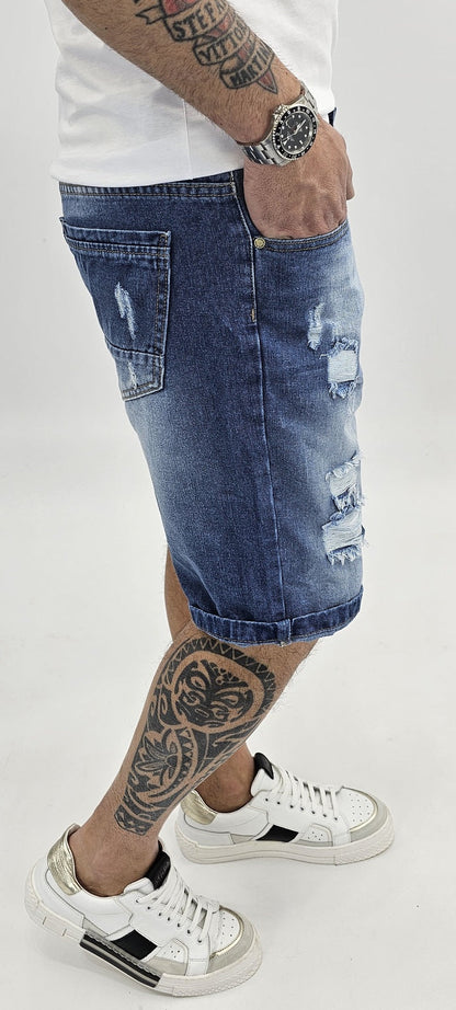 Pantaloncini Uomo Bermuda Jeans Catena strappi  Pantaloni Corti Cotone