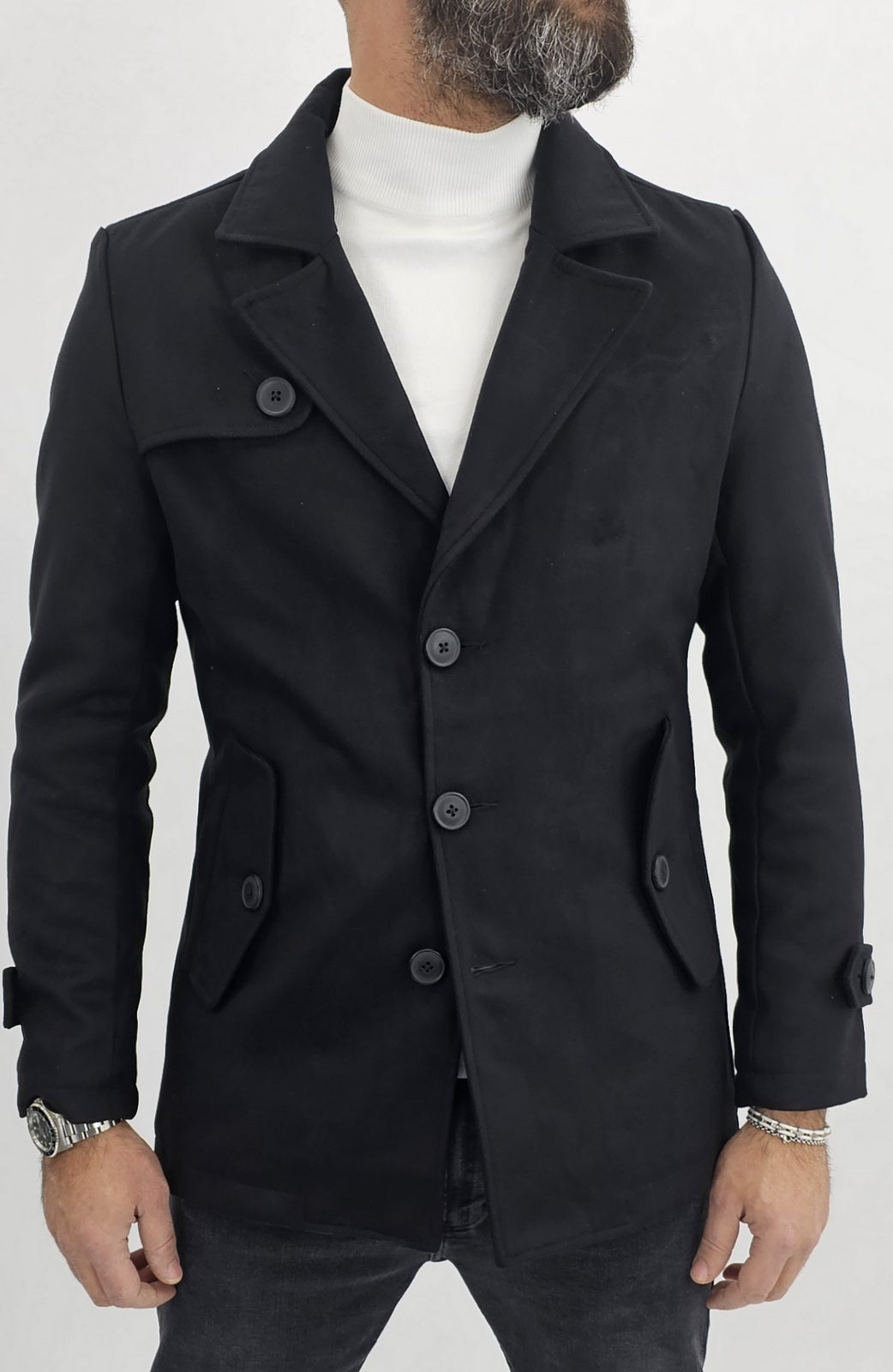 Cappotto Uomo Invernale monopetto Giacca Slim fit scamosciato nero