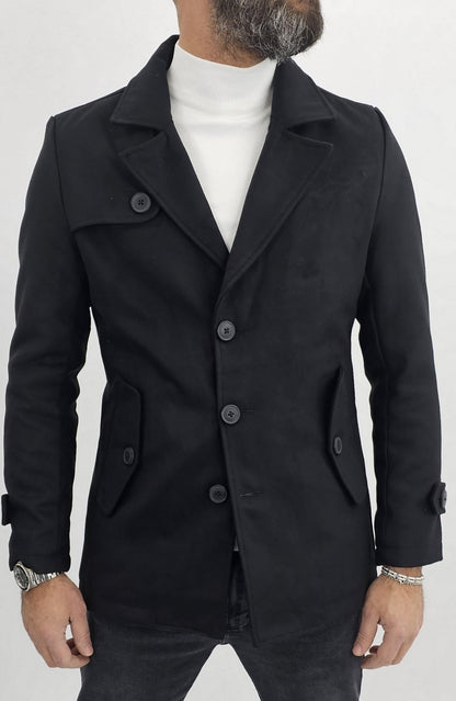 Cappotto Uomo Invernale monopetto Giacca Slim fit scamosciato nero