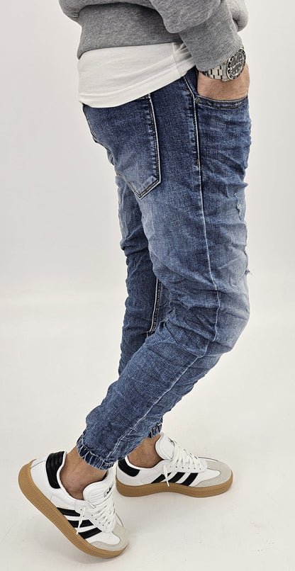 Jeans denim uomo Slim fit caviglie a molla elasticizzati strech con strappi 161