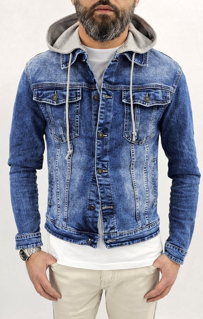 Giubbino di Jeans uomo Blu denim a manica Lunga slim cappuccio felpa estraibile