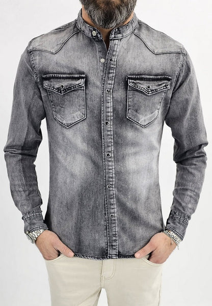 Camicia di Jeans uomo coreana nero sfumata denim a manica Lunga slim madreperla elastica