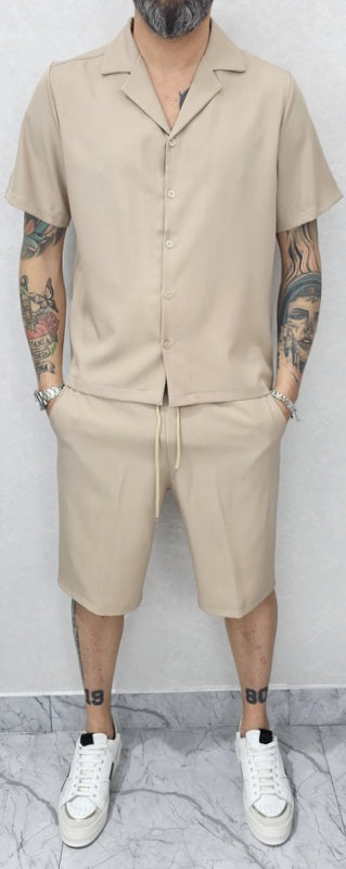 Completo uomo Camicia e bermuda tessuto fiammato elastico 5 colori s,m,l,xl,xxl