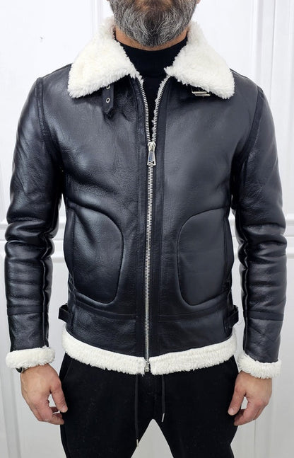 Montone Uomo Invernale ecopelle corto aviatore eco pelliccia Nero s,m,l,xl,xxl