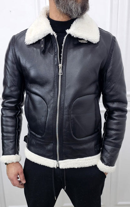 Montone Uomo Invernale ecopelle corto aviatore eco pelliccia Nero s,m,l,xl,xxl