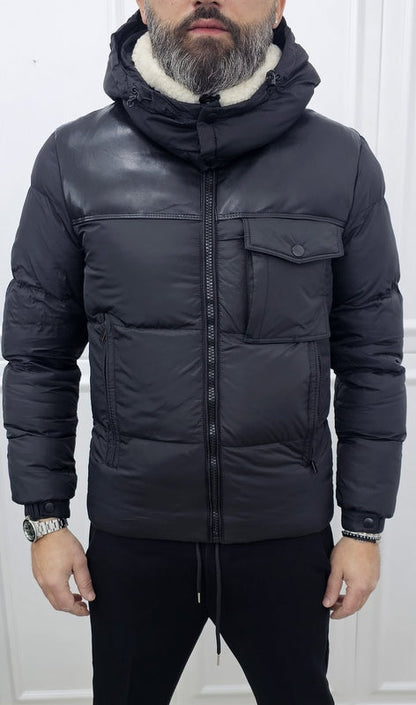 Giubbino uomo impermabile nero  cappuccio estraibile collo in eco pelliccia s,m,l,xl,xxl