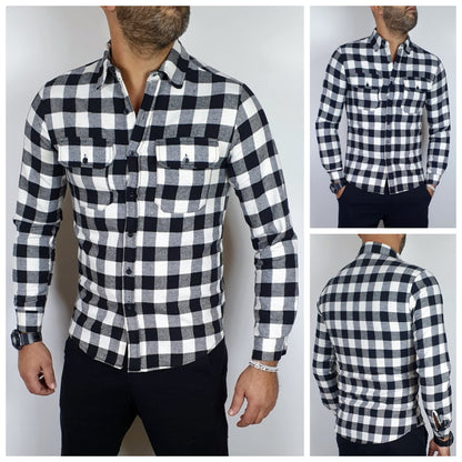 Camicia uomo scozzese bianco quadri manica Lunga slim caldo cotone aderente slim
