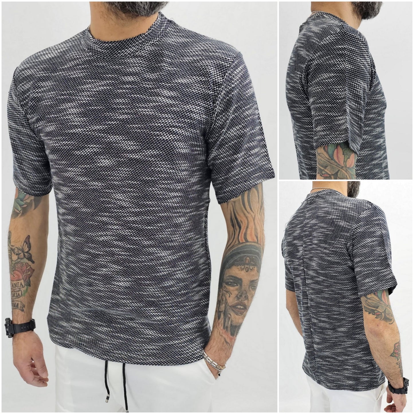 Maglia uomo cotone nido d'ape bianco/blu elastica t-shirt Coreana Manica corta