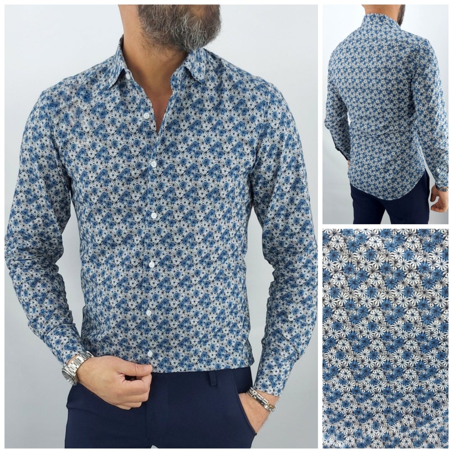 Camicia uomo Tessuto Elastico casual Collo Floreale fiori piccoli blu Manica lunga Slim