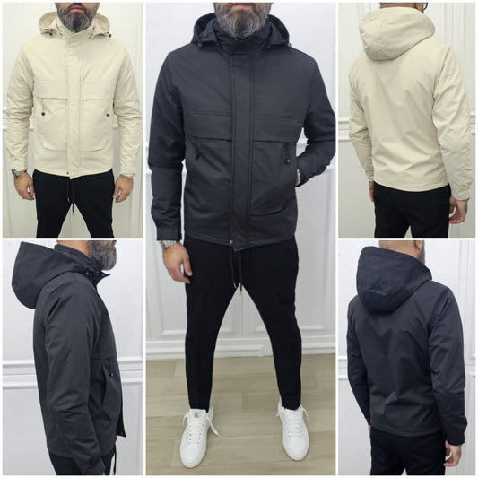 Giubbino a vento corto Cappuccio estraibile idrorepellente Nero/Crema m,l,xl,xxl,3xl
