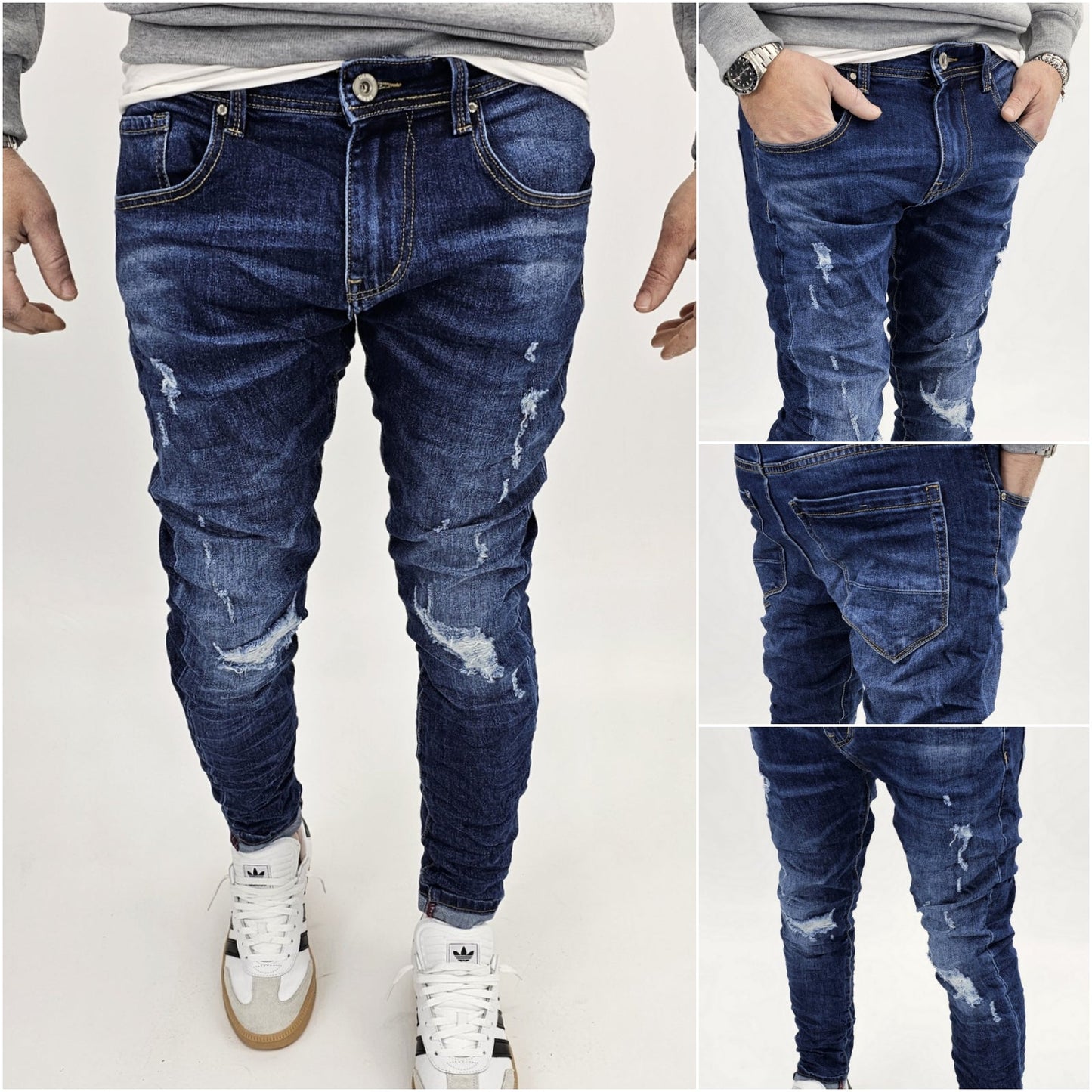 Jeans denim uomo Slim fit elasticizzati strech con strappi toppe blu 051