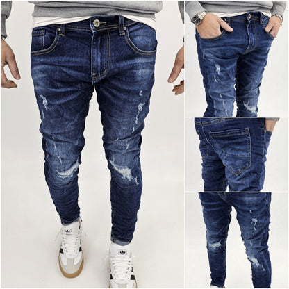 Jeans denim uomo Slim fit elasticizzati strech con strappi toppe blu 051