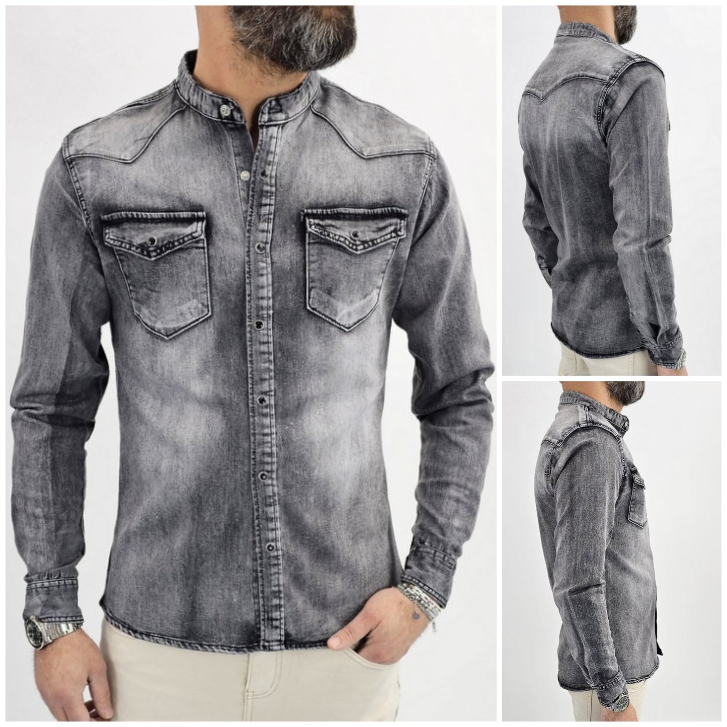 Camicia di Jeans uomo coreana nero sfumata denim a manica Lunga slim madreperla elastica