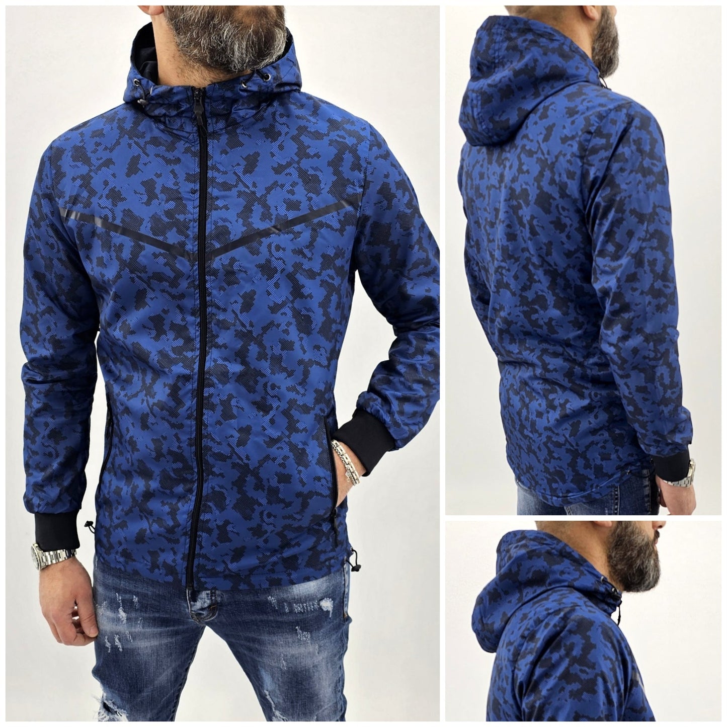 Parka cappuccio uomo giubbino impermeabile mimetico lungo giacca nero/blu