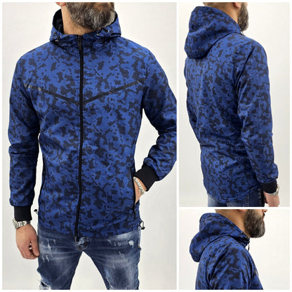 Parka cappuccio uomo giubbino impermeabile mimetico lungo giacca nero/blu