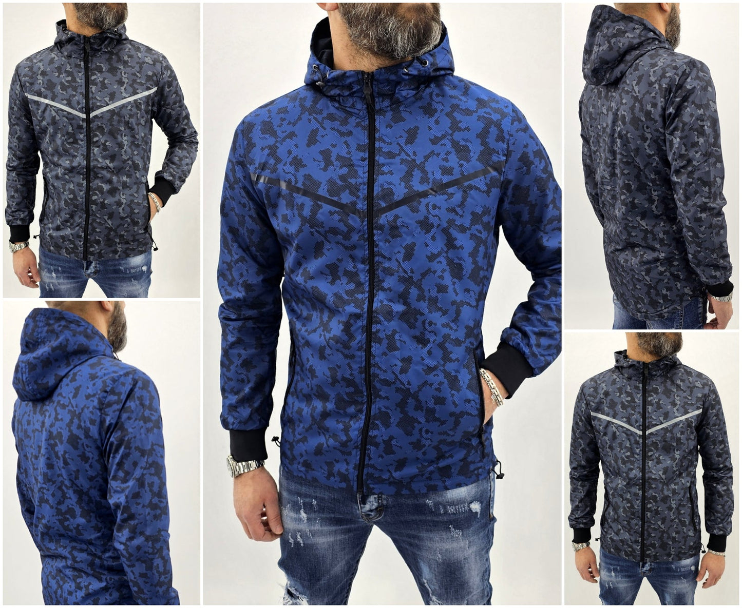 Parka cappuccio uomo giubbino impermeabile mimetico lungo giacca nero/blu