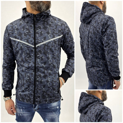 Parka cappuccio uomo giubbino impermeabile mimetico lungo giacca nero/blu