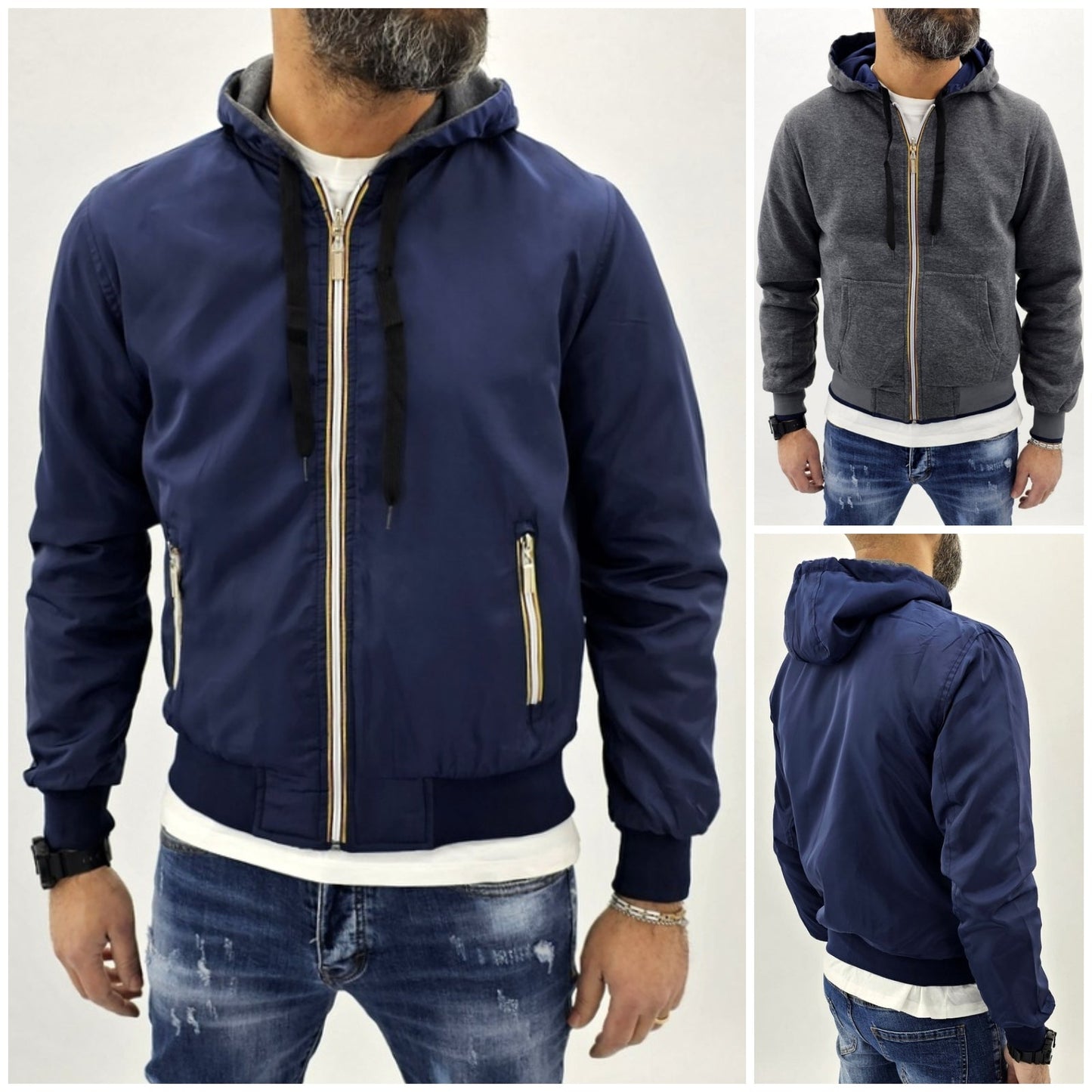 giubbino uomo bomber double face semi impermabile cappuccio nero,verde,blu