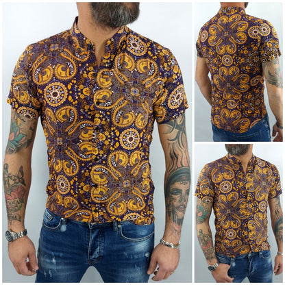 camicia uomo coreana tessuto morbido floreale viola elastico manica corta slim s,m,l,xl,xxl