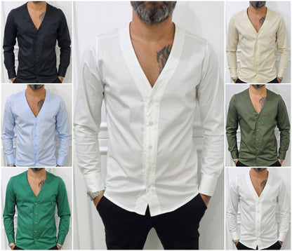 Camicia uomo Slim elastica cotone Scollo V Manica Lunga s,m,l,xl,xxl