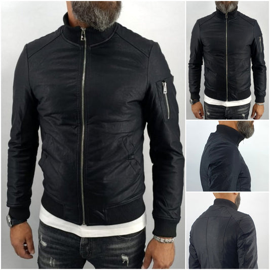 giubbino Uomo bomber collo alto ecopelle giacca corto nero slim corto tasche