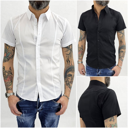 Camicia uomo slim fit in cotone a maniche corte aderente elasticizzata pence