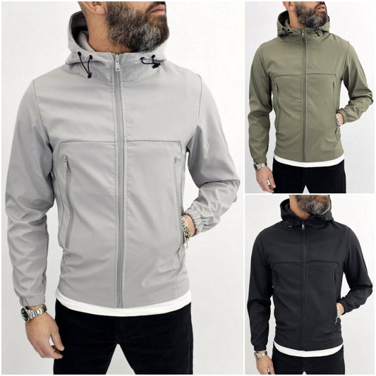 Giubbino uomo primaverile Cappuccio tech nero/grigio/verde
